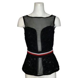 Mangano Sunsky Tank Top Blouse 42 US/6 Black Lace Sheer Sleeveless Peplum Italy